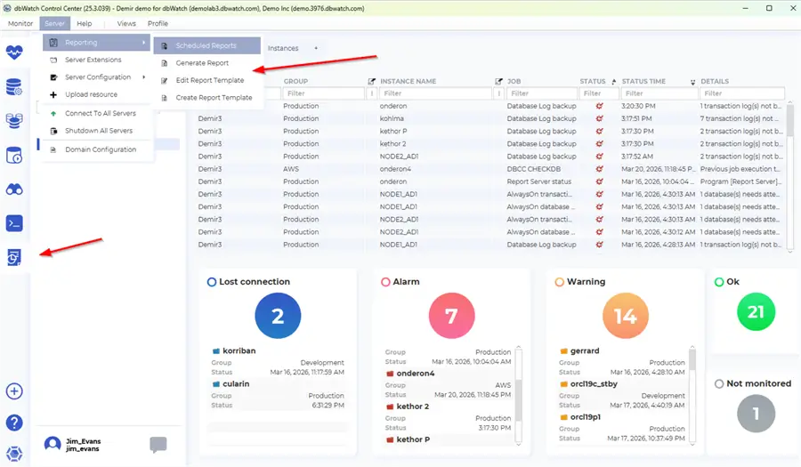 Screenshot of a database control center dashboard showing Reporting Console options. The interface includes a left-side navigation panel, a top menu with report generation features.