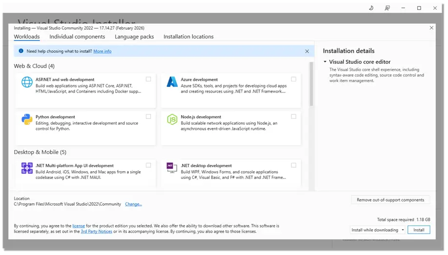 Installing Visual Studio Community 2022