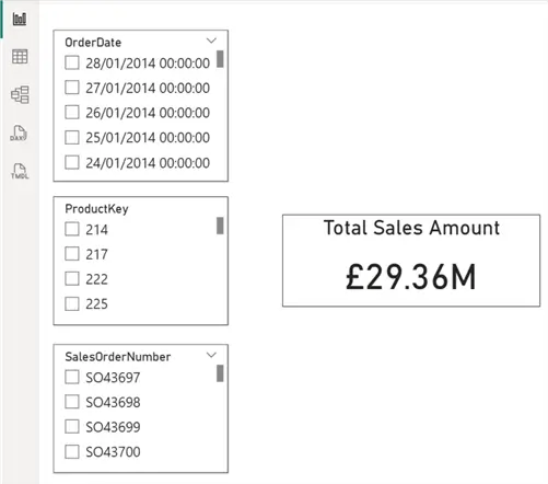 Image showing three slicers and a Card visual in Power BI