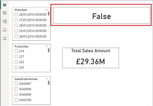 Image showing three slicers and a Card visual with a card visual showing no selection on any slicers in Power BI