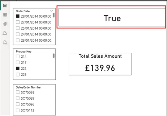 Image showing three slicers and a Card visual with a card visual showing an active selection on any slicers in Power BI