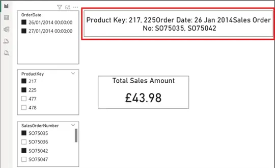 Image showing three slicers and a Card visual with a card visual showing what is selected on any slicers in Power BI