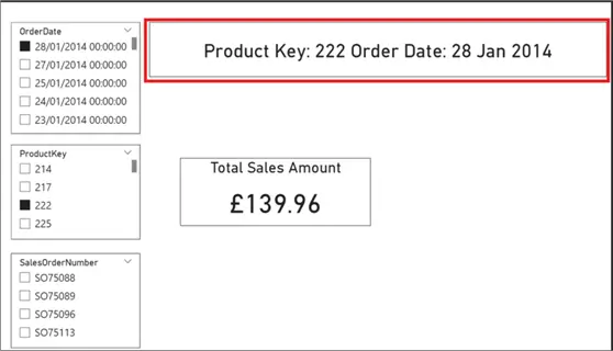 Image showing three slicers and a Card visual with a card visual showing only two selections on slicers in Power BI