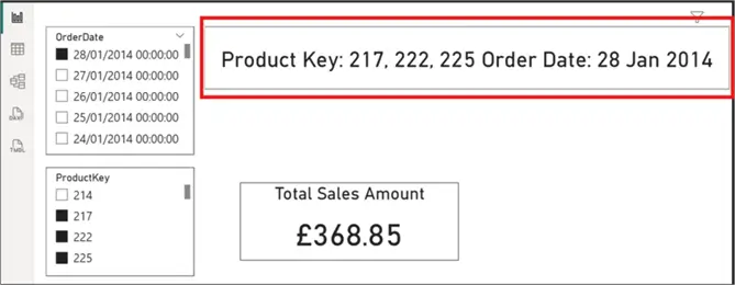 Image showing three slicers and a Card visual with a card visual showing multiple selections on slicers in Power BI