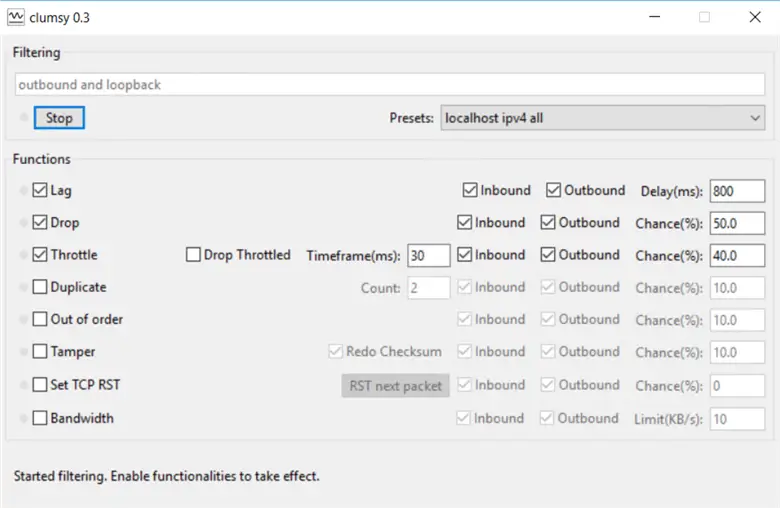 Imposing network interruption using Clumsy