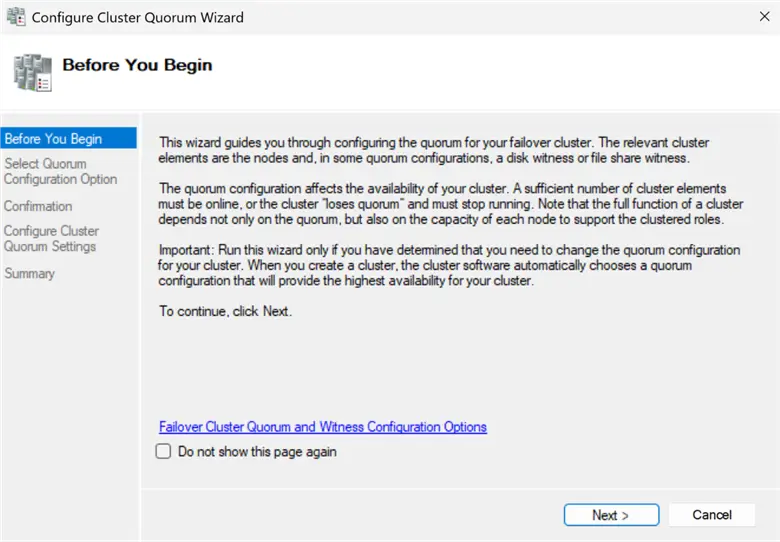 Configure Cluster Quorum Wizard