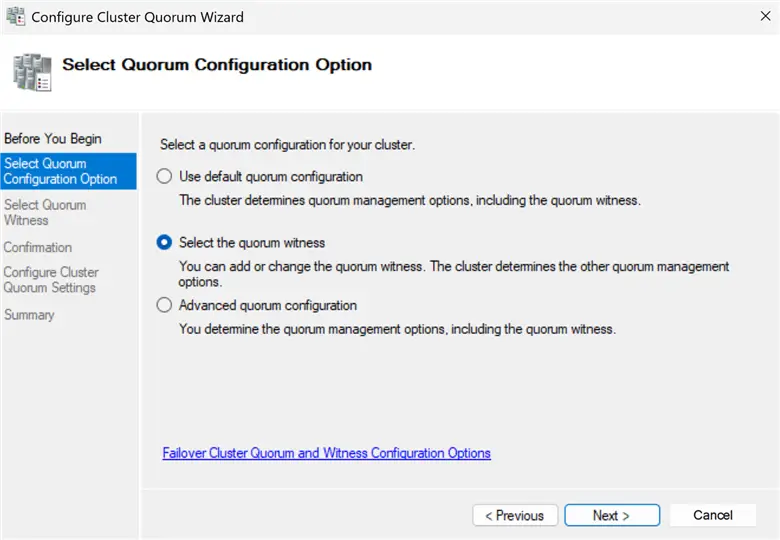 Select Quorum Configuration Option