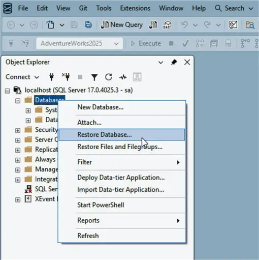 Select Databases>Restore Database