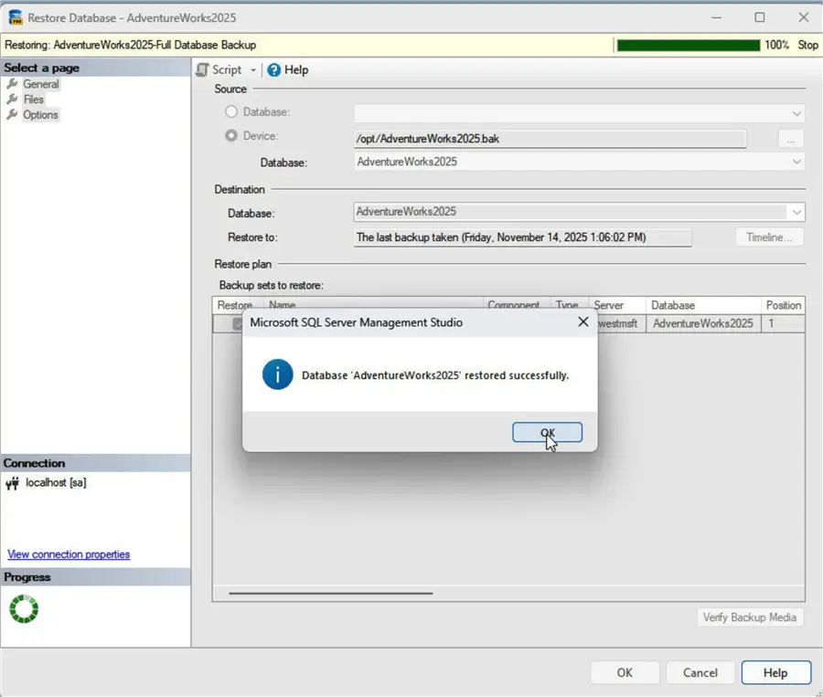 Database AdventureWorks is restored