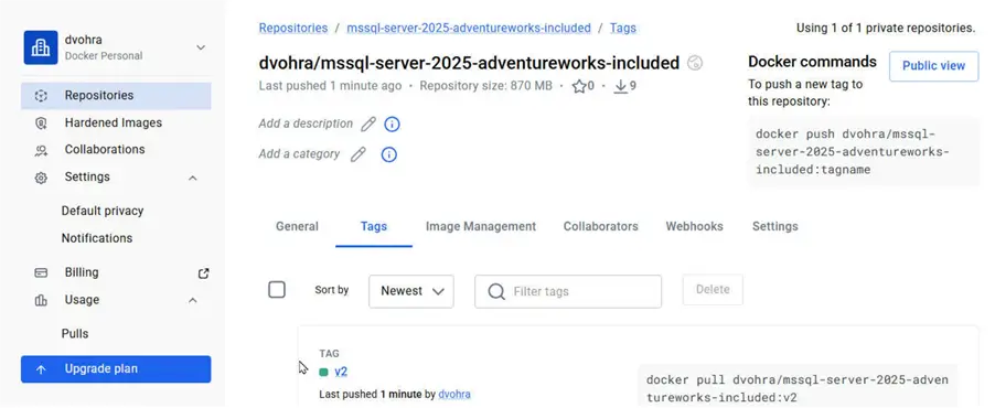 Docker Hub registry lists the uploaded repackaged image.