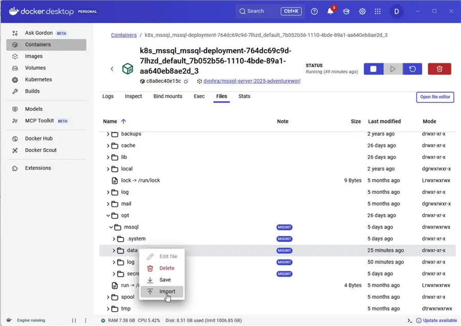 Click Import to import a file into container
