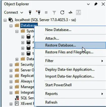 Databases > Restore Database