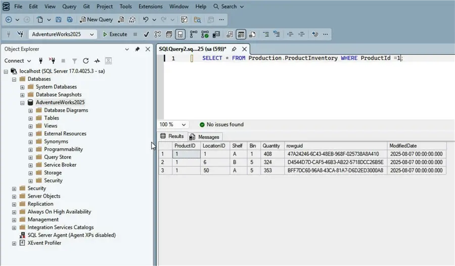 Result for query on an AdventureWorks database table.