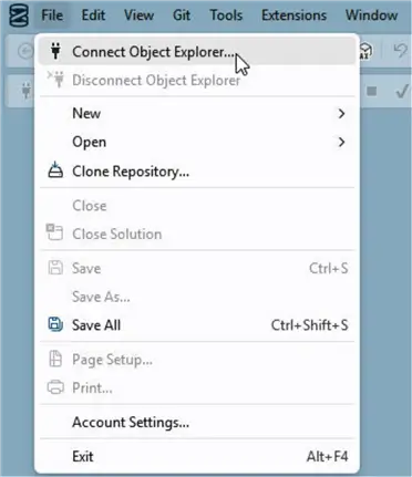 File >Connect Object Explorer