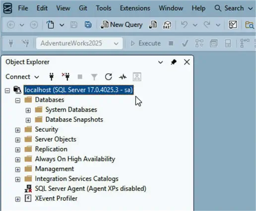 Connection listed in Object Explorer