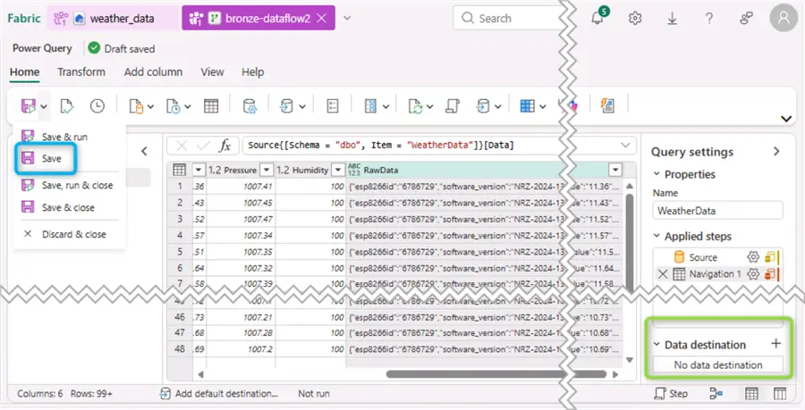 save dataflow and configure data destination