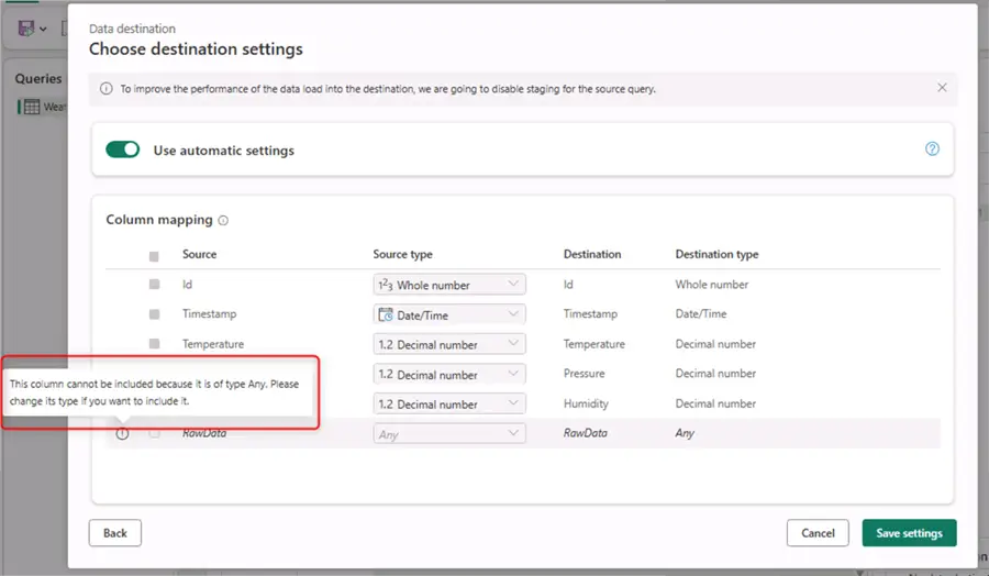 column exclusion notification if json is not cast to string