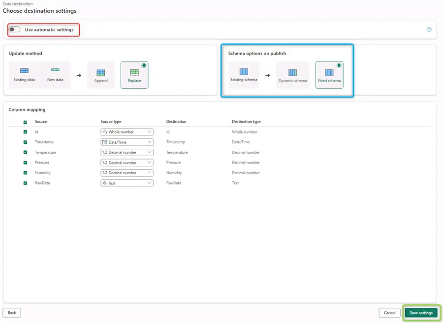 switch automatic settings oof and select fixed schema setting