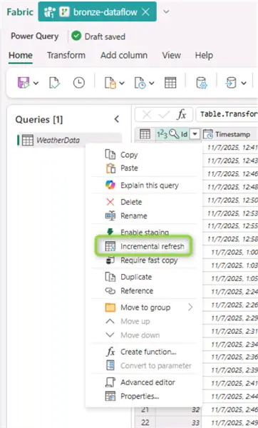 select incremental refresh from query settings 