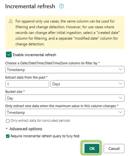 incremental refresh configuration popup