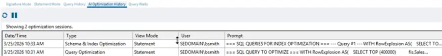 sql diagnostic manager ai optimization history