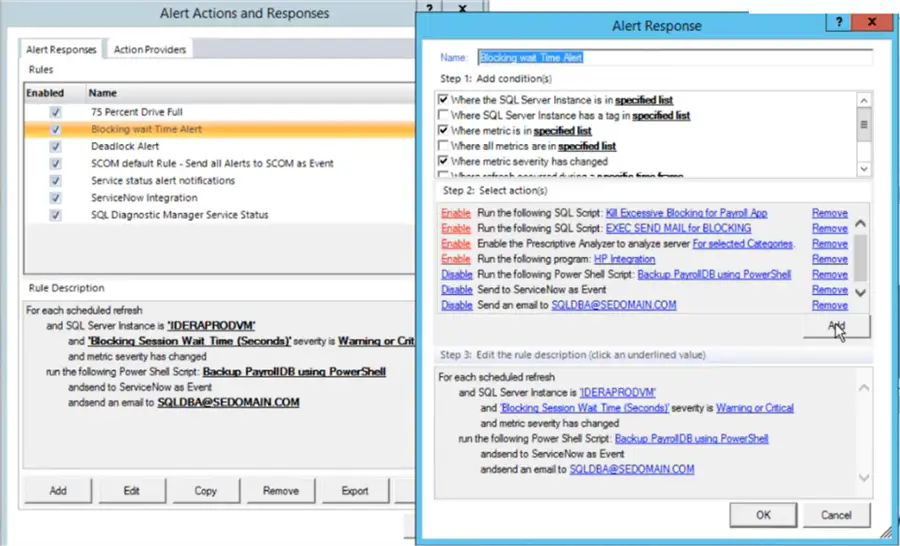 sql diagnostic manager alert actions and responses