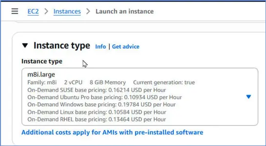 Select Instance type as m8i.large