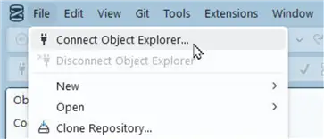 File > Connect Object Explorer