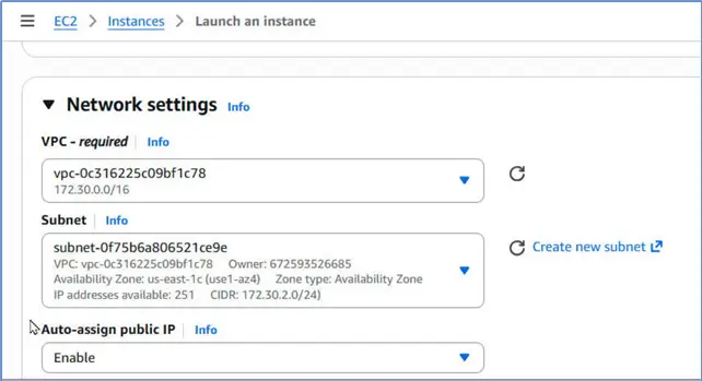 Network settings: Select a VPC, a subnet, and auto-assign IP