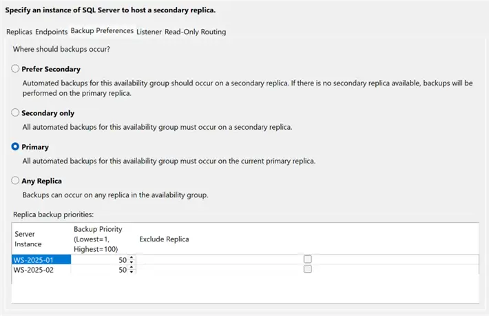 Add Replica - Backup Preferences