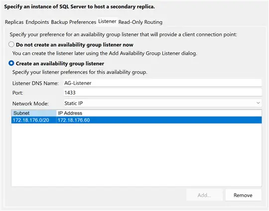 Add Replica - Listener Tab