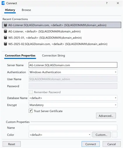 Connect to AG in SSMS v22