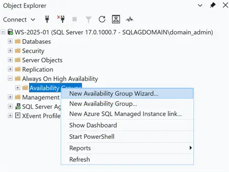 SSMS Object Explorer - New AG Wizard