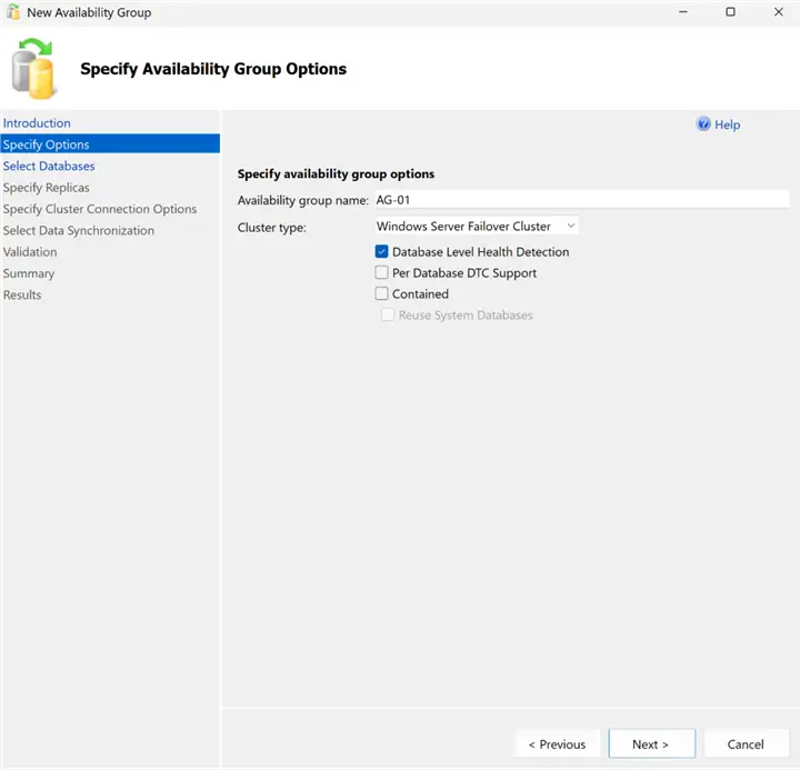 New AG Wizard - Specify Options