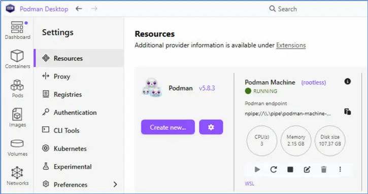 WSL provider type on podman machine