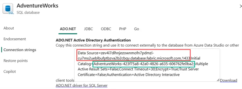 connection string for the sql database