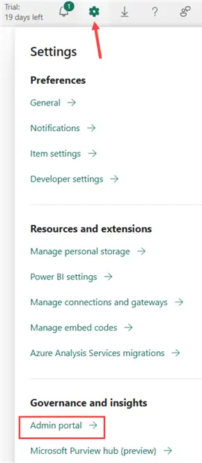 admin portal in settings menu