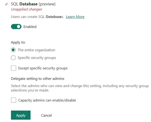 admin setting for sql db