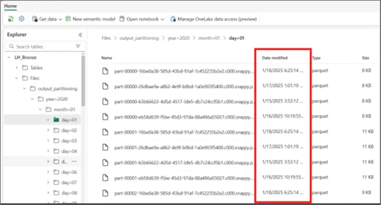 Partitioned data within the Lakehouse folders
