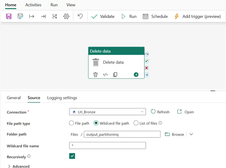 Source tab, wildcard file path
