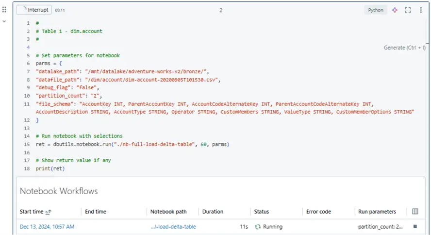 Databricks Dataframes - call notebook using dbutils function.