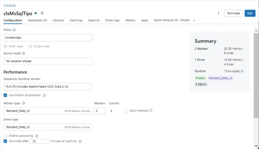 Databricks Dataframes - fixed size cluster that terminates in 15 minutes after use.