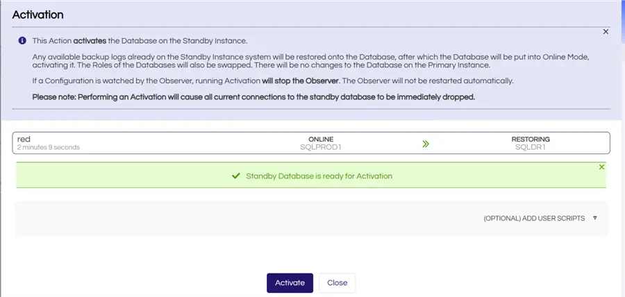 activate the standby server with dbvisit