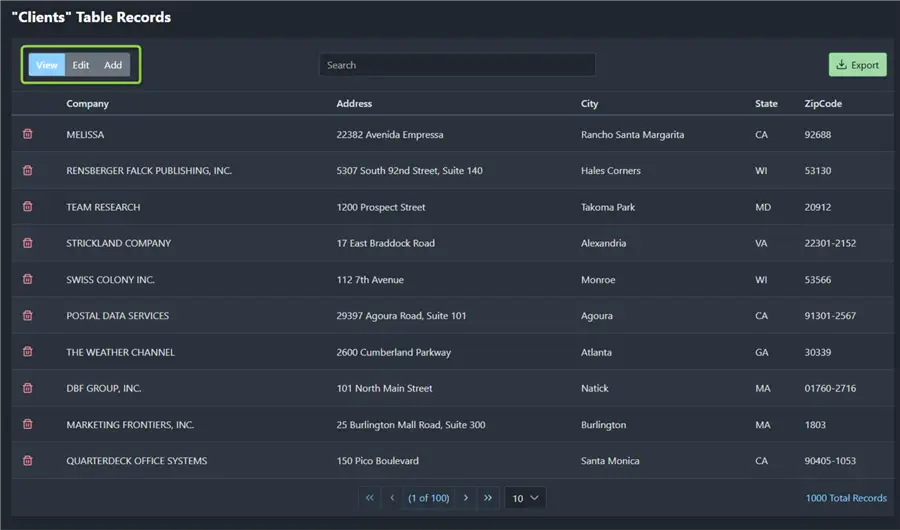 paginated view of records in the table 