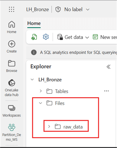A screenshot showing a subfolder named raw_data in a MS Fabric Lakehouse 