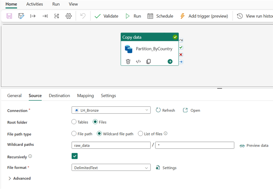 A screenshot showing how to configure the Source settings of a Copy data activity in MS Fabric