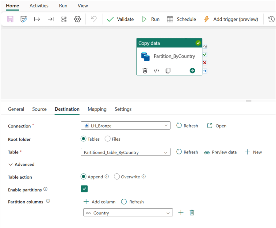 A screenshot showing how to configure the Destination settings of a Copy data activity in MS Fabric