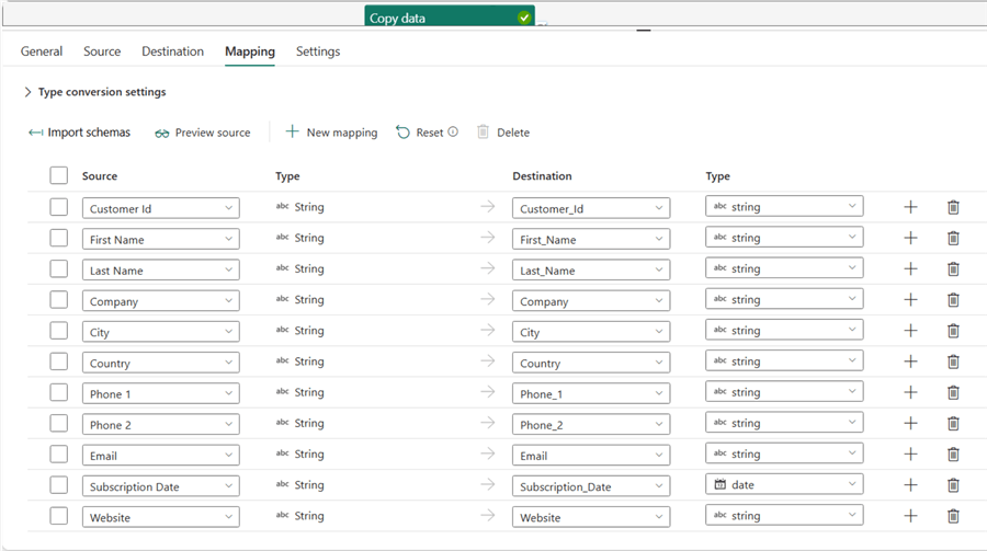 A screenshot showing how to configure the Mapping settings of a Copy data activity in MS Fabric