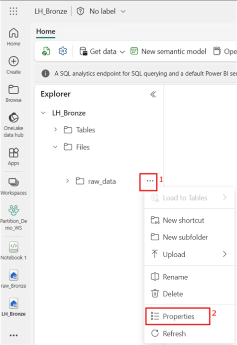 A screenshot showing how to navigate to properties of a subfolder in other to find its ABFS path in a MS Fabric Lakehouse 