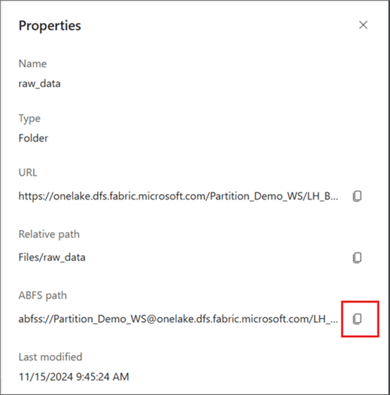 A screenshot showing how to navigate to properties of a subfolder in other to find its ABFS path in a MS Fabric Lakehouse 2